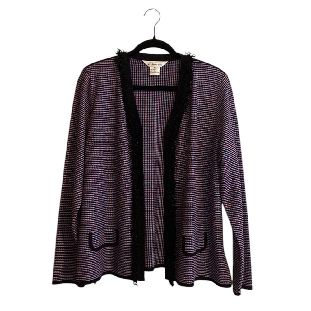 Exclusively Misook Purple Black Fringe Artsy Eclectic Cardigan Blazer Jacket